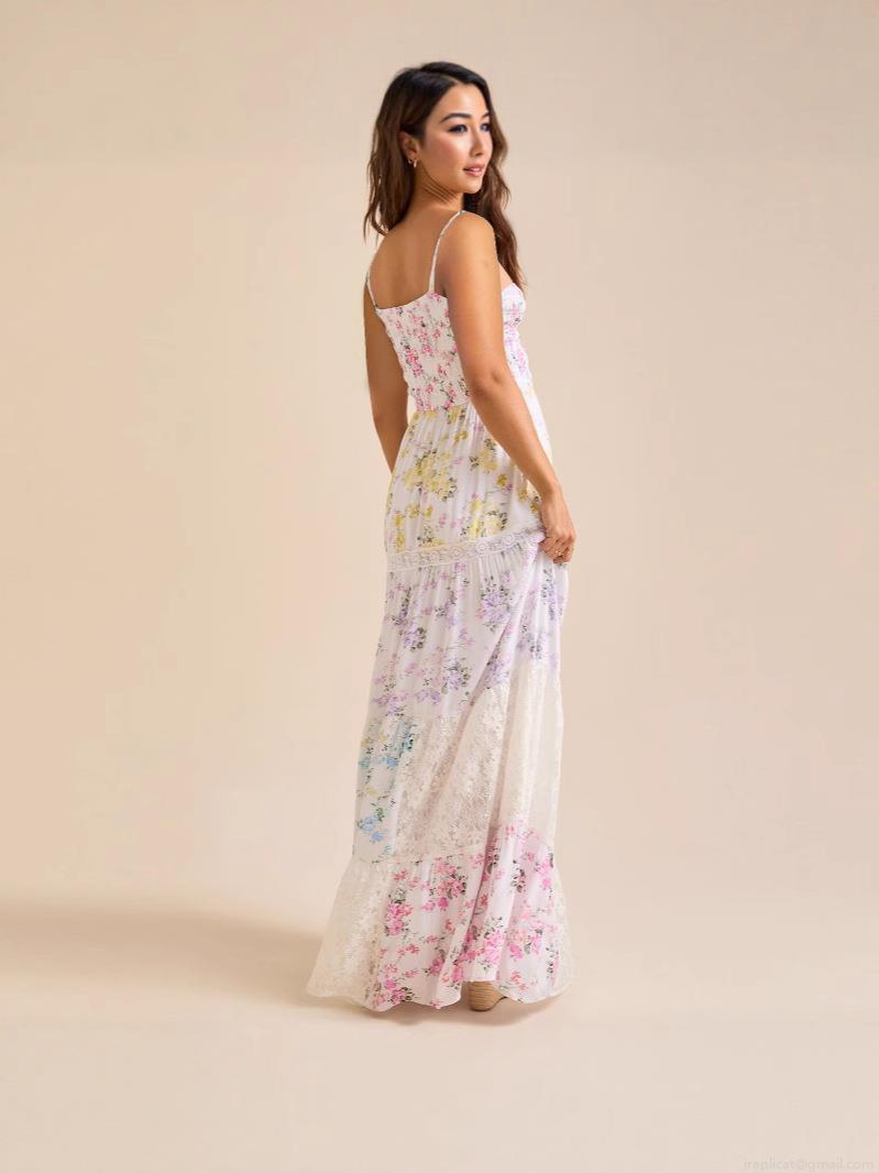 Women's Elegant Floral Print Spaghetti Strap Maxi Dress With Lace Patchwork Backless Shirred Tiered Cake Boho Long Dress For Summer Vacation Party