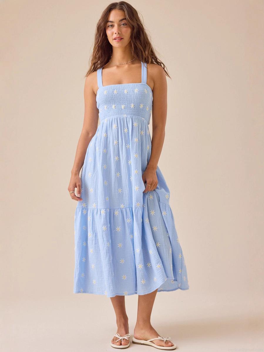 French Style Daisy Embroidered Cami Maxi Dress For Women Summer Beach Vacation Smocked Bust Lace-up Back Boho Tiered Sun Dress
