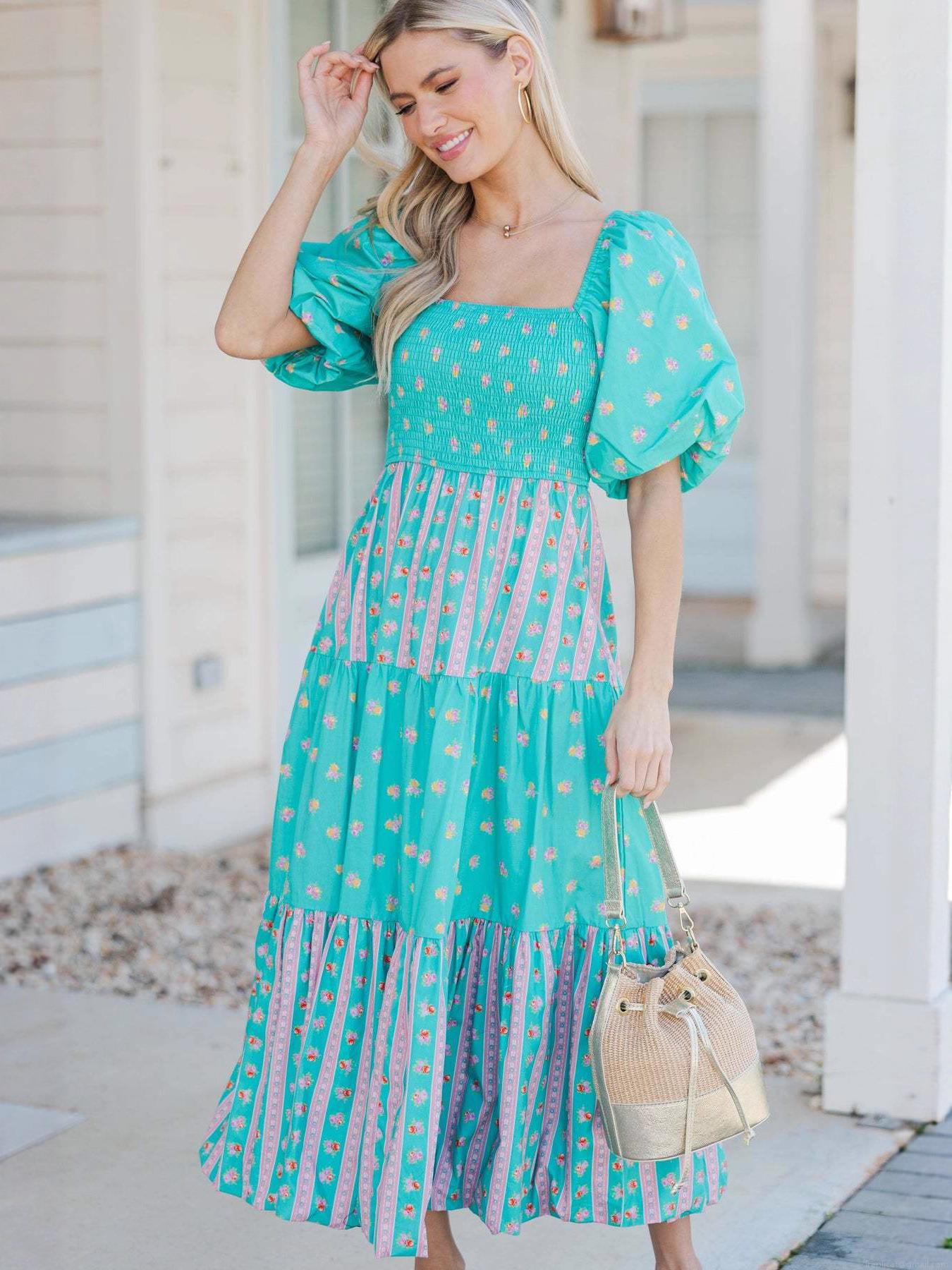 Women Floral Maxi Dress Puff Sleeve Square Neck Smocked Waist Tiered Long Dresses Summer Vacation Beach Party Streetwear Polyester Outfits