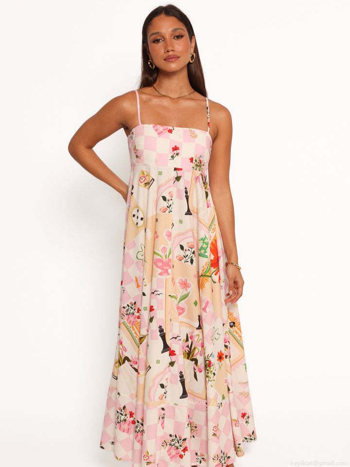 Women's Camisole Maxi Dress Pink Checkerboard Floral Print Polyester Spandex Smocked Back Long Dress For Party Vacation Streetwear