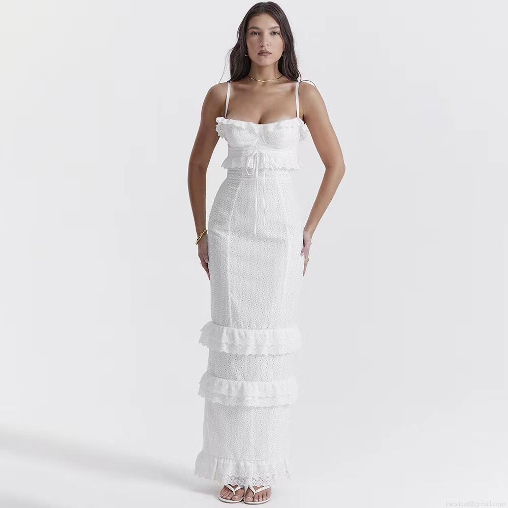Women's Sexy White Eyelet Lace Maxi Dress Cotton Blend Embroidery V-Neck Spaghetti Strap Ruffle Tiered Cake Skirt Slim Fit French Style Summer Beach Vacation Party Gown