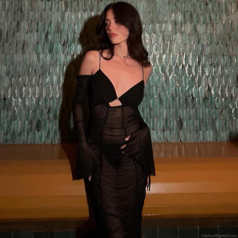 Women Sexy V Neck Mesh Ruched Maxi Dress Long Sleeve Backless Bandage Sheer Slim Fit Party Clubwear Bodycon Dress