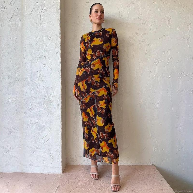 Women Sexy Mesh Sheer Maxi Dress Long Sleeve Abstract Floral Printed Side Split Party Dress With Contrast Blue Overlock Stitching Slim Fit Clubwear