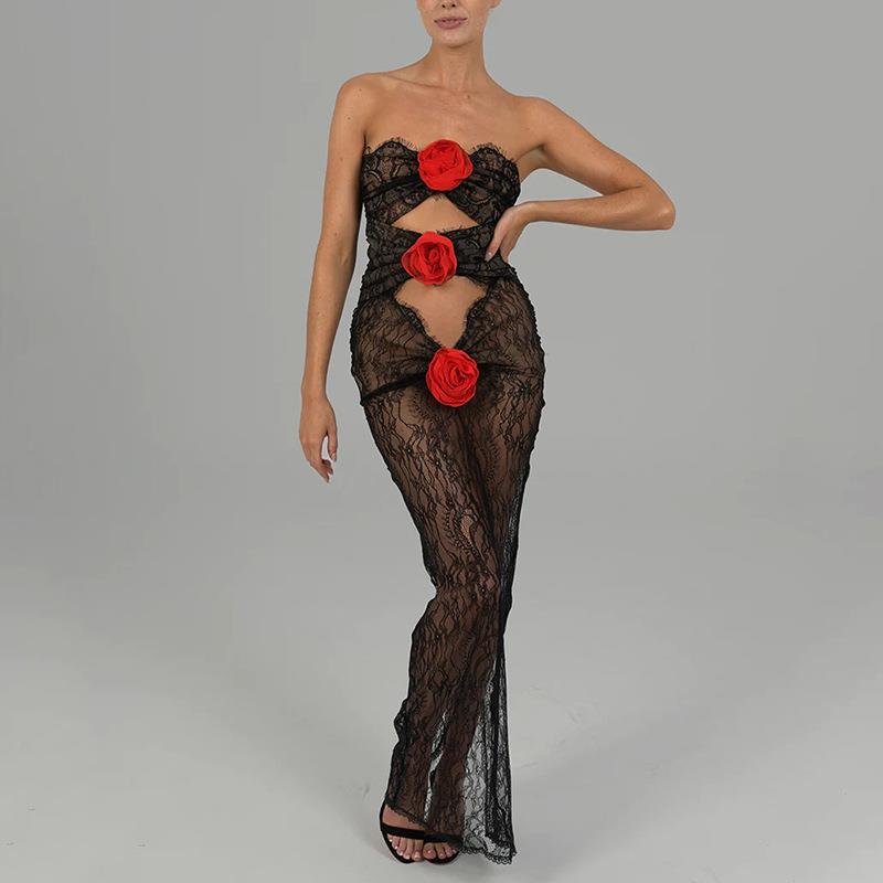 Sexy Lace Patchwork Maxi Dress With 3D Rose Flower Hollow Out Transparent Tube Top Off-Shoulder Sheath Party Evening Dress For Women