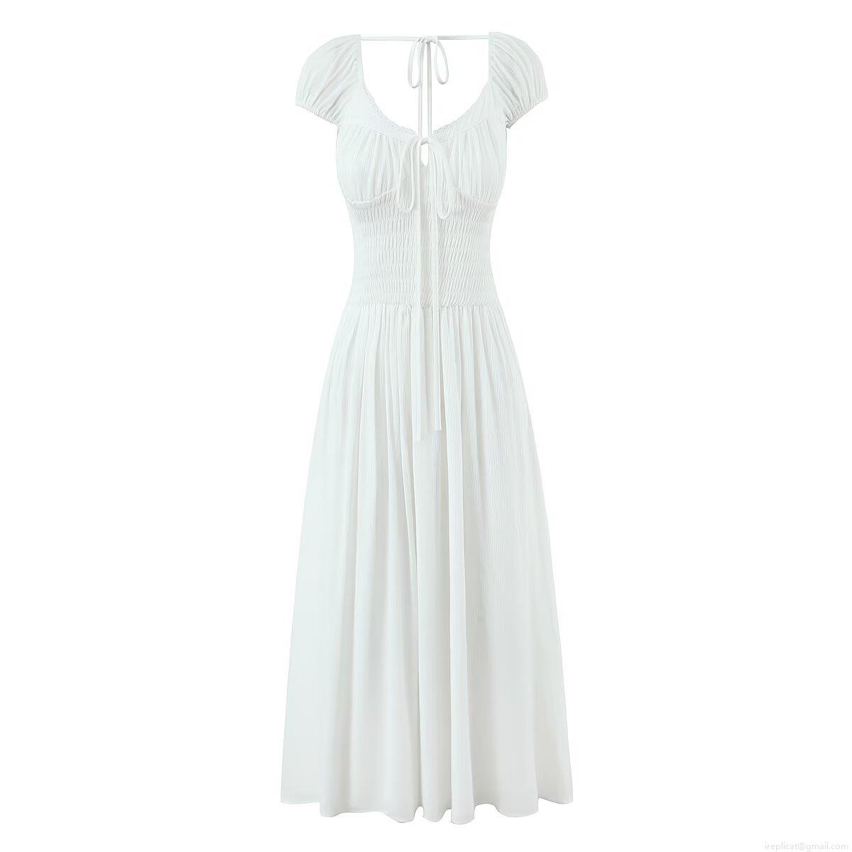 Women's Sexy White Backless Smocked Maxi Dress Puff Sleeve Lace-up V-Neck Shirred Bust Long Dress For Wedding Party Vacation Beach Elegant Nylon Spandex Polyester Clothing