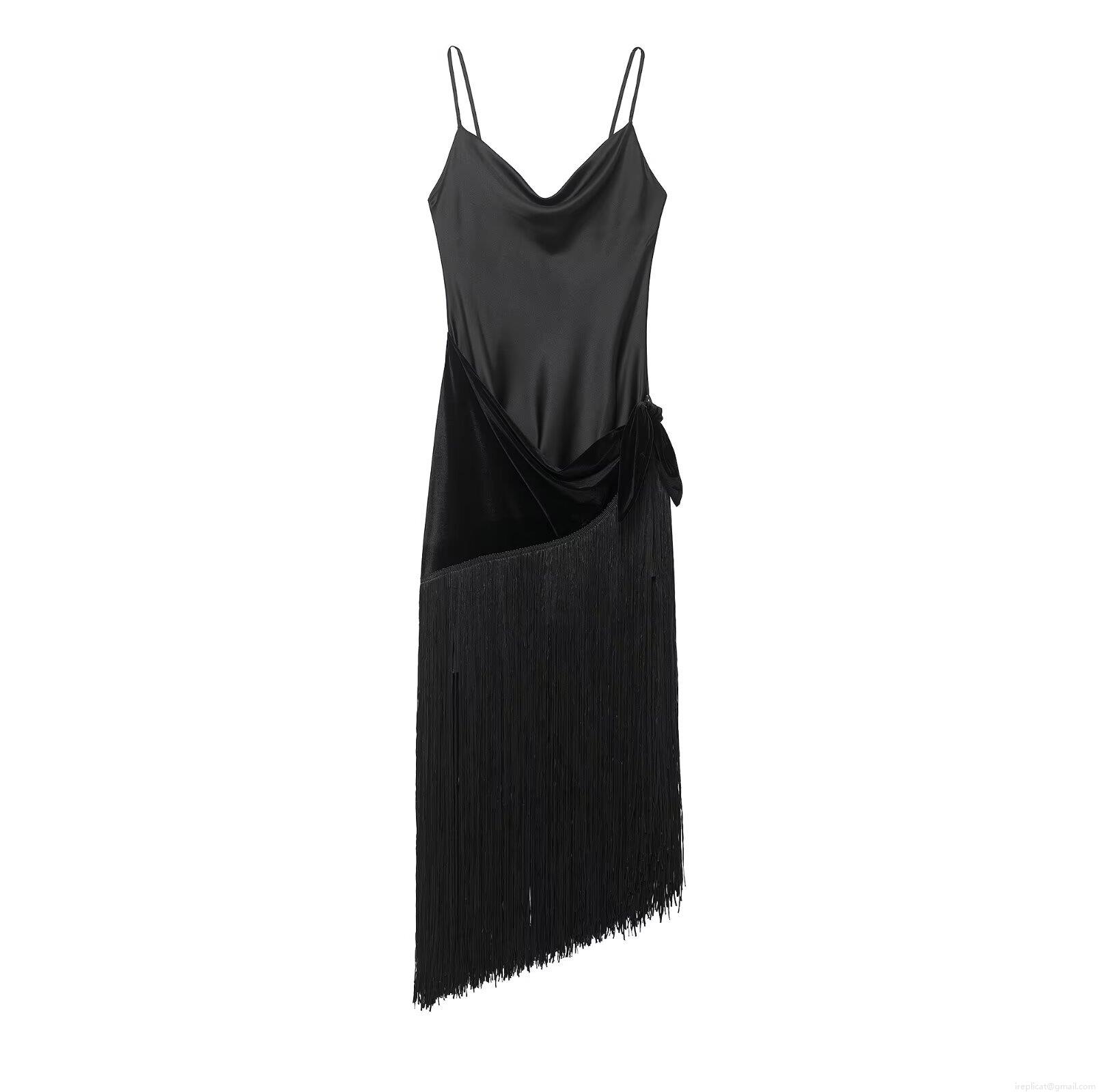 Women's Sexy Black Satin Velvet Patchwork Cami Maxi Dress With Tassel Fringe Cowl Neck Sleeveless Slim Fit Elegant Evening Party Gown