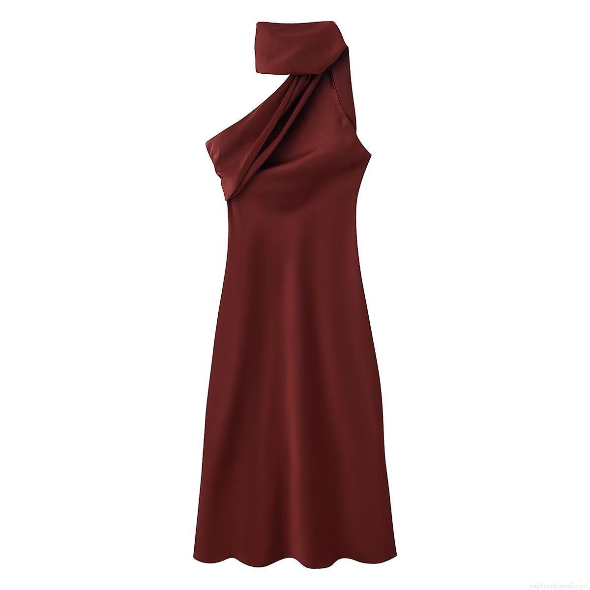 Women's Elegant One-Shoulder Halter Satin Maxi Dress Sexy Backless Bow Knot Wine Red Solid Sleeveless Party Evening Long Dress For Women