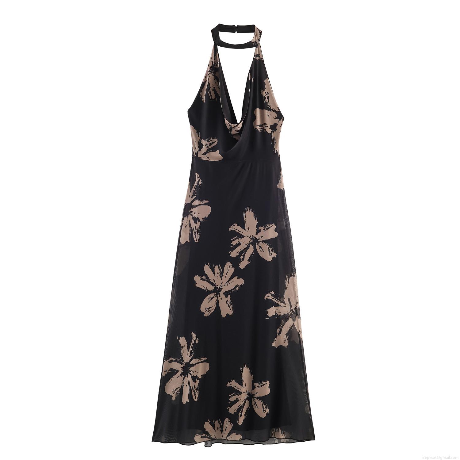 Women's Sexy Halter Backless Maxi Dress Abstract Floral Print Polyester Mesh Sleeveless Bodycon Long Dress For Party Vacation Clubwear