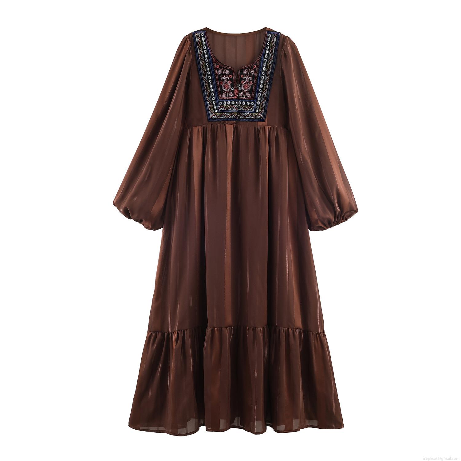 Women's Ethnic Resort Maxi Dress Shiny Polyester Fabric Embroidery Crochet Square Neck Lantern Sleeve Loose Long Dress For Vacation Party Ladies