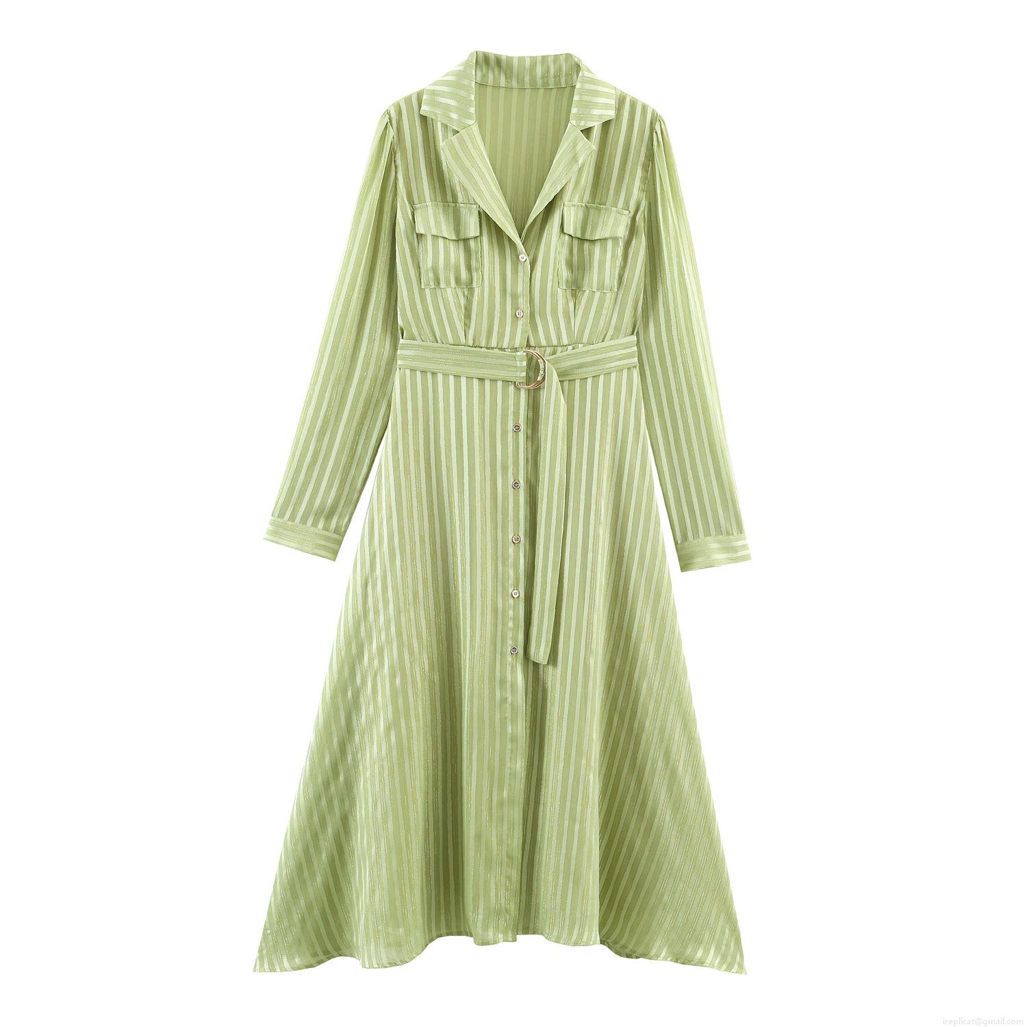 Women's Metallic Stripe Shirt Maxi Dress Long Sleeve Slim Fit Cargo Style With Belt Elegant Button Down Dress For Streetwear Casual Work
