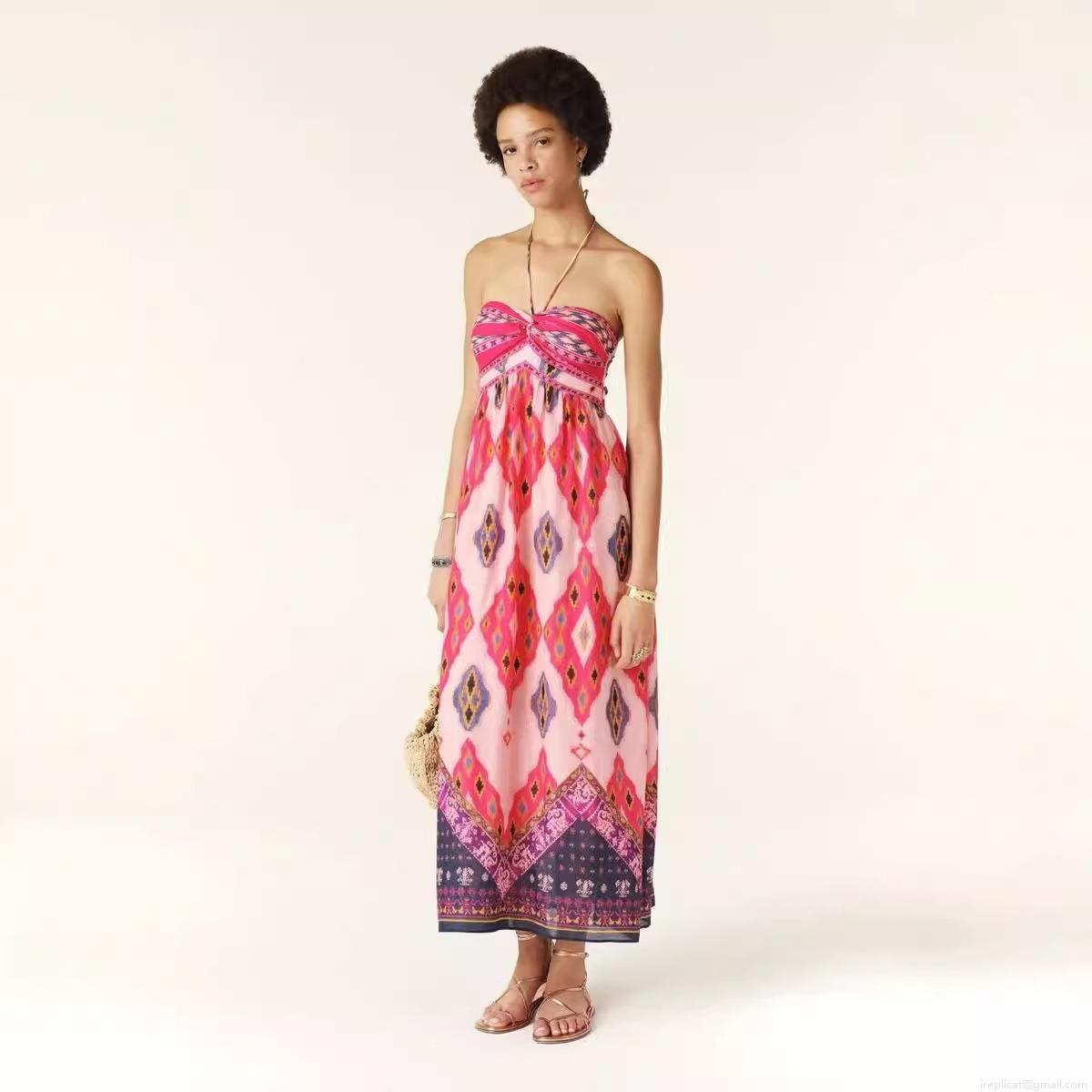Bohemian Halter Neck Ethnic Print Maxi Dress For Women Summer Vacation Beach Backless Hollow Out Polyester Long Dress Sleeveless Sundress