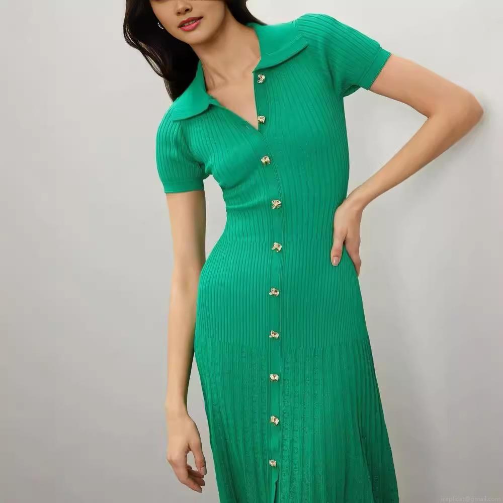 Women's Elegant French Knitted Maxi Dress Ribbed Short Sleeve V-Neck Polo Collar Gold Button Pleated A-Line Long Dress For Autumn Winter