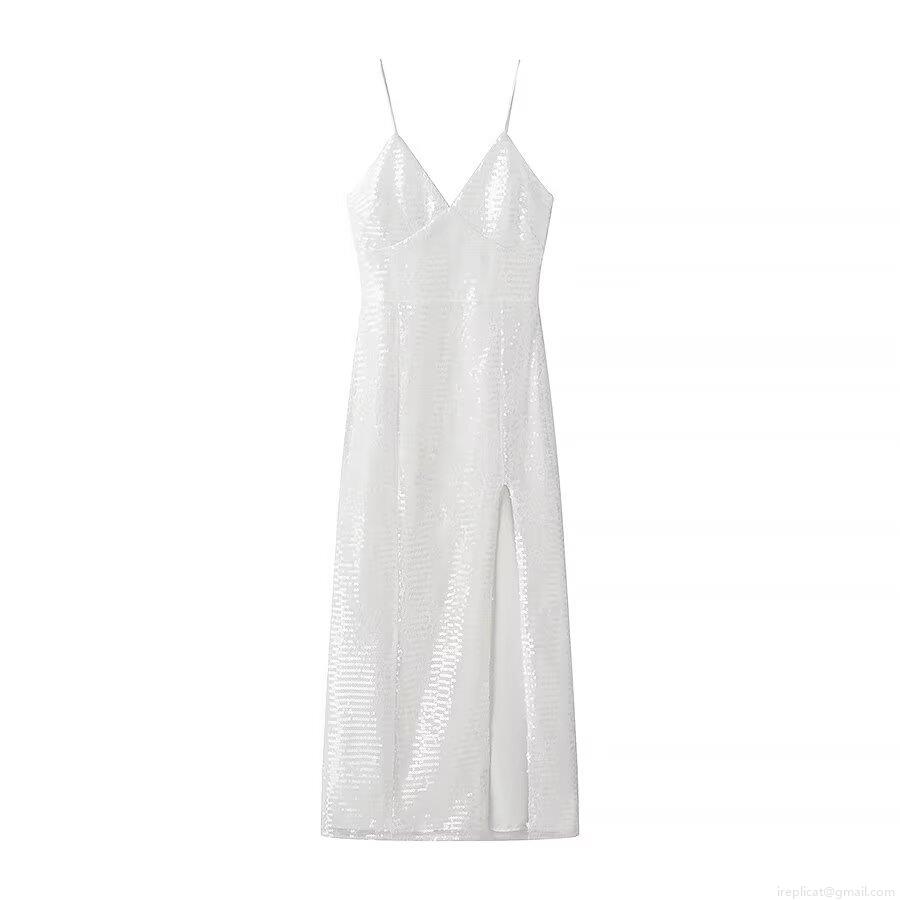 Women Sexy White Sequin Maxi Dress Elegant V-Neck Backless Side Slit Cami Dress Luxury Evening Party Prom Wedding Gown Slim Fit Formal Long Dress