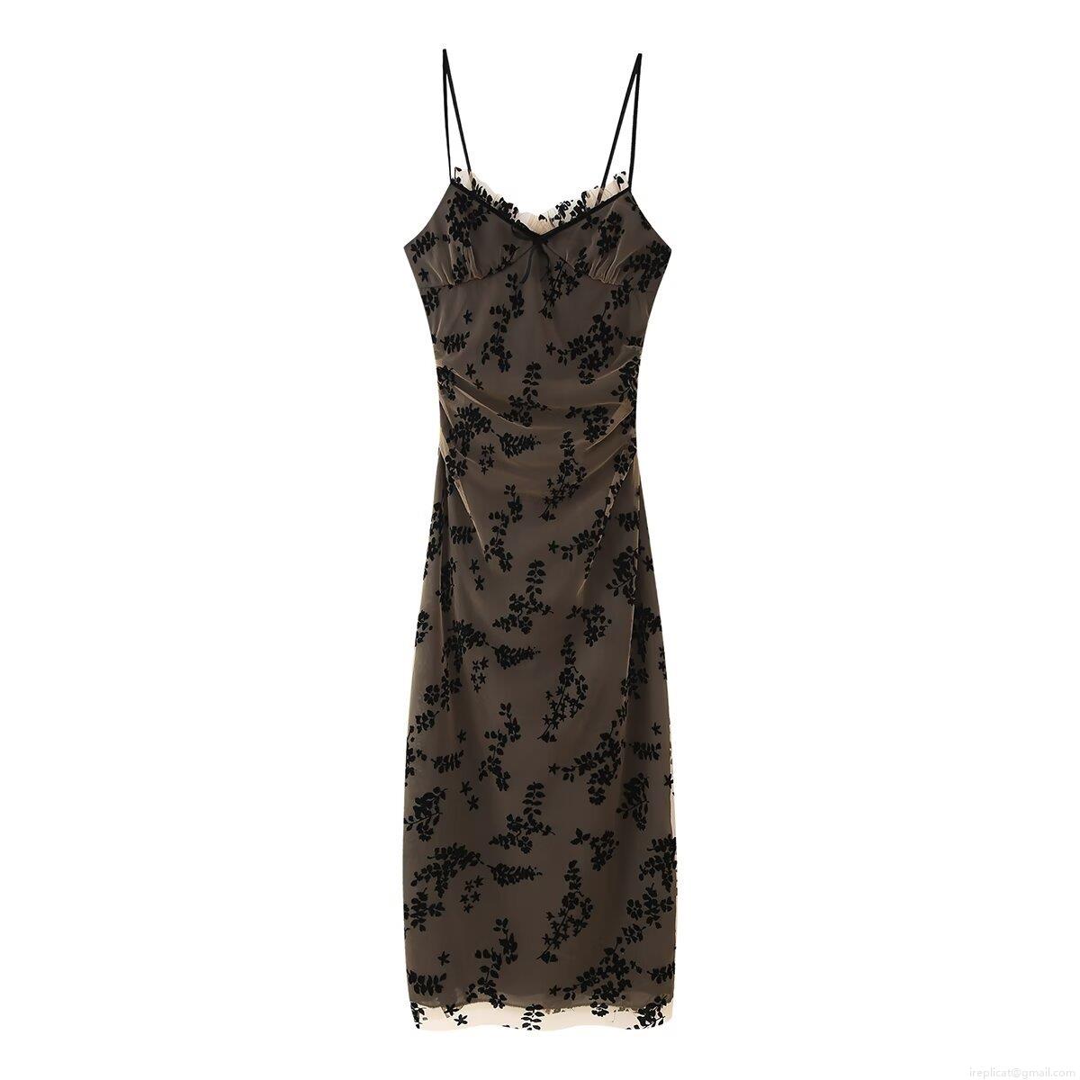 Sexy Bodycon Cami Maxi Dress Elegant Flocked Floral Mesh Backless Ruched Long Dress For Women Evening Party Clubwear