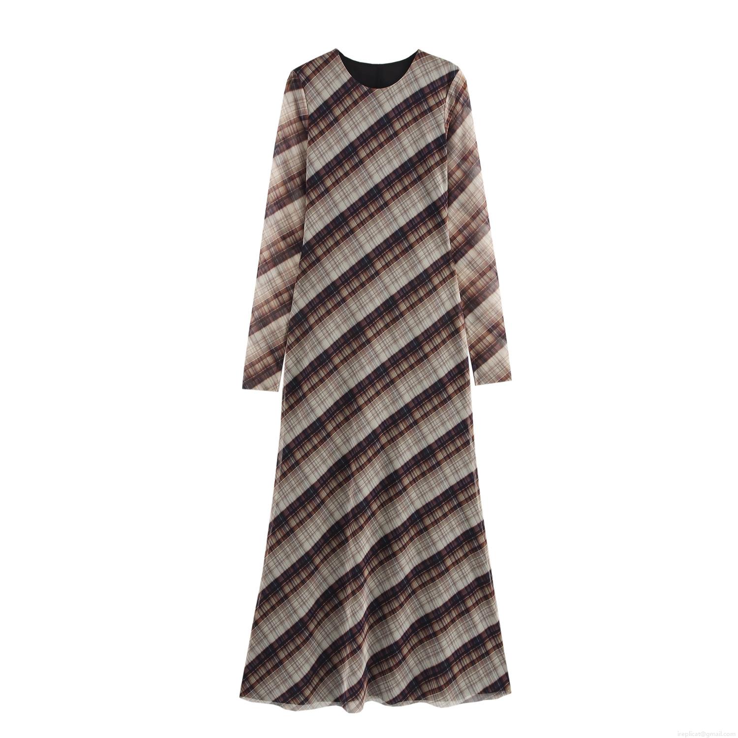 French Vintage Plaid Mesh Maxi Dress For Women Retro Round Neck Long Sleeve Slim Fit Bodycon Long Gown Autumn Party Evening Dress