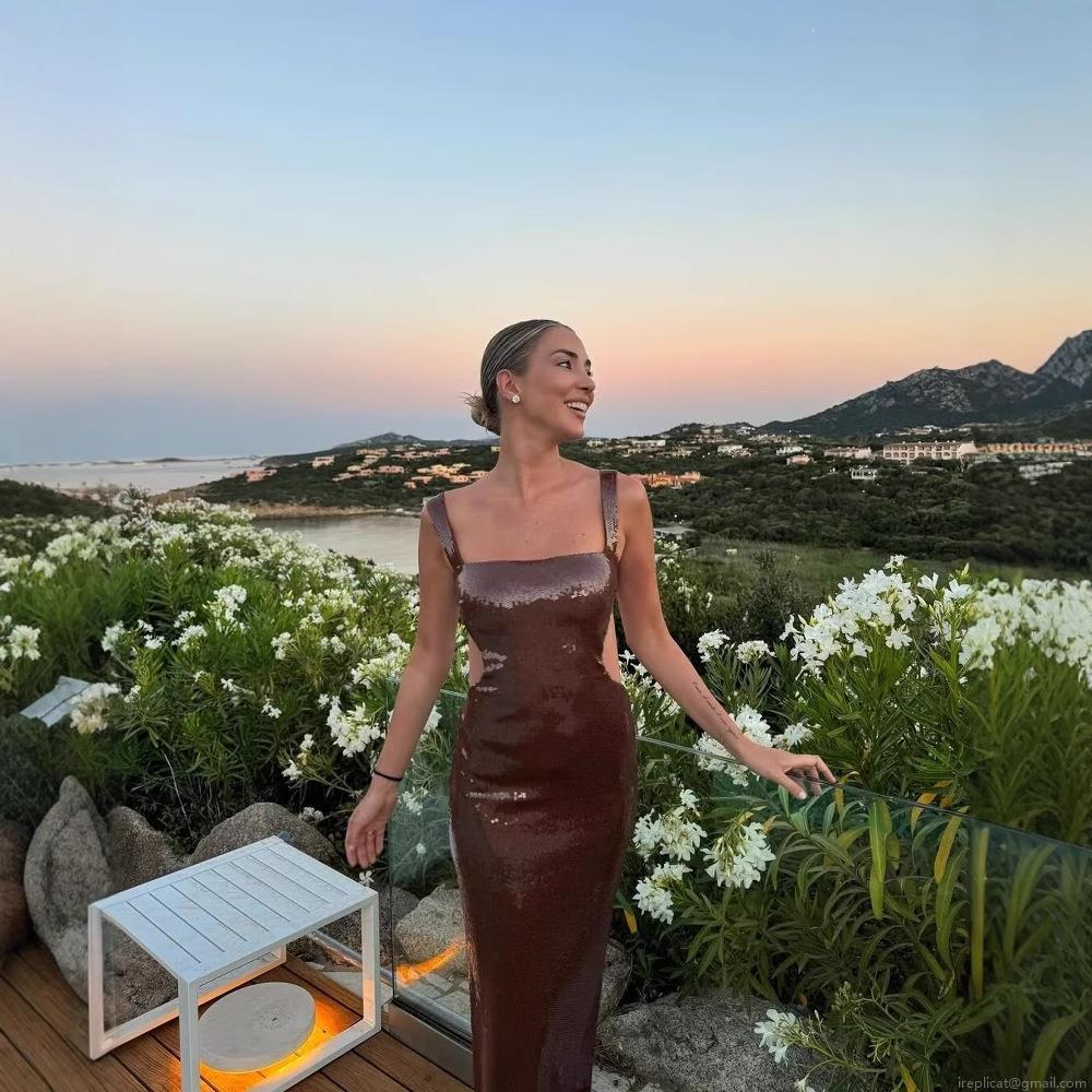 Women's Sexy Sequin Polyester Camisole Dress Open Back Cutout High Waist Bodycon Maxi Dress For Evening Party Clubwear Brown Slim Fit Long Gown
