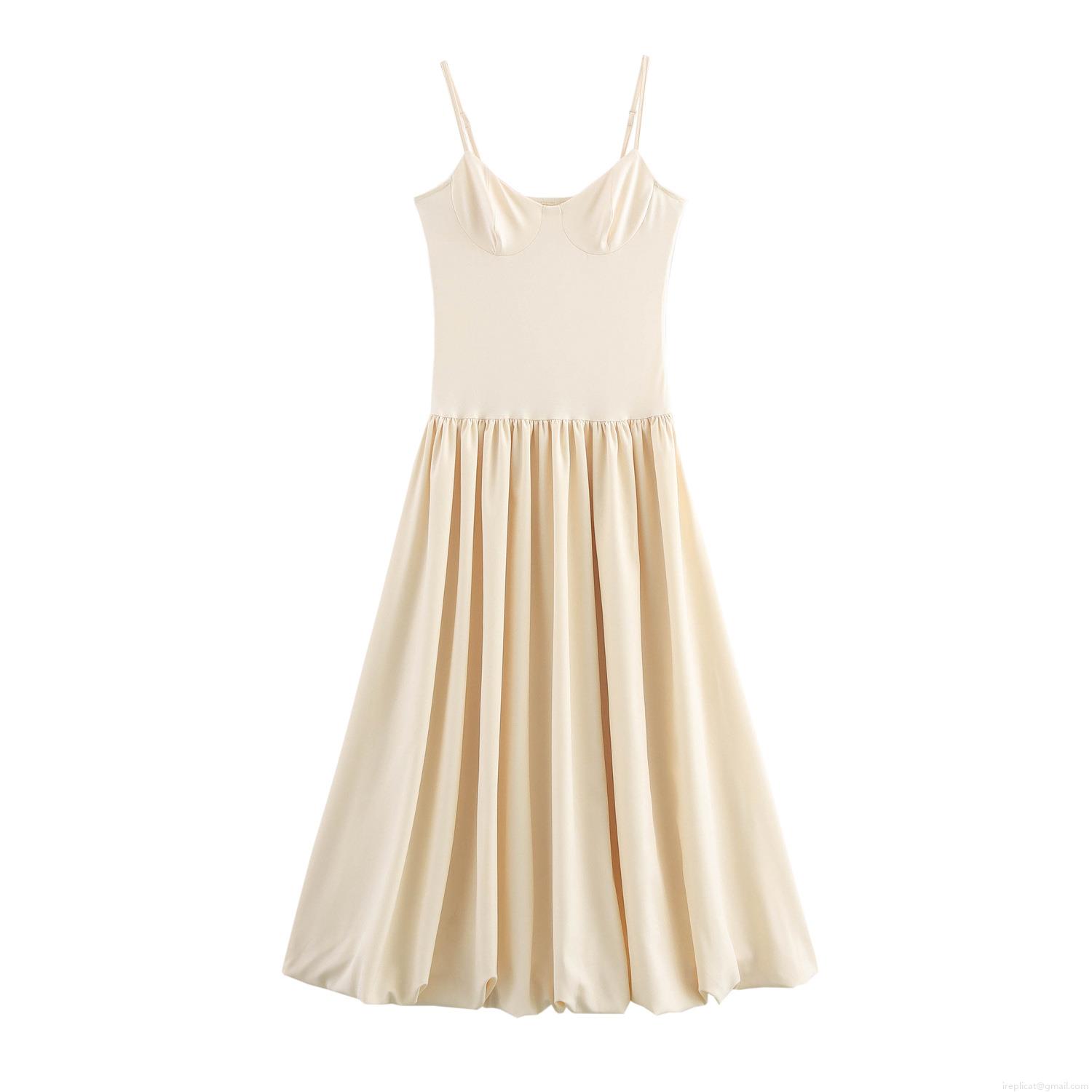 Elegant Off White Polyester Spaghetti Strap Maxi Dress For Women French Style Slim Fit High Waist Pleated Bubble Hem Sleeveless Party Evening Vacation Long Dress