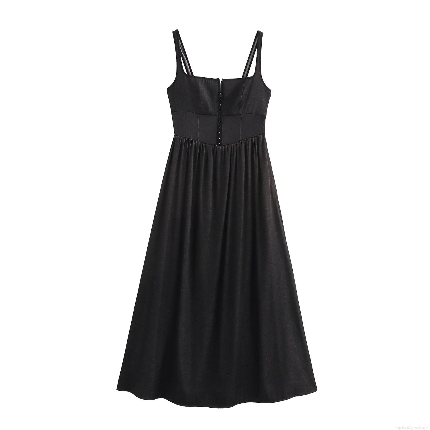 Women's French Style Faux Denim Suspender Maxi Dress Elegant Square Neck High Waist Sexy Sleeveless Row Button Long Pleated Dress For Summer Party Casual