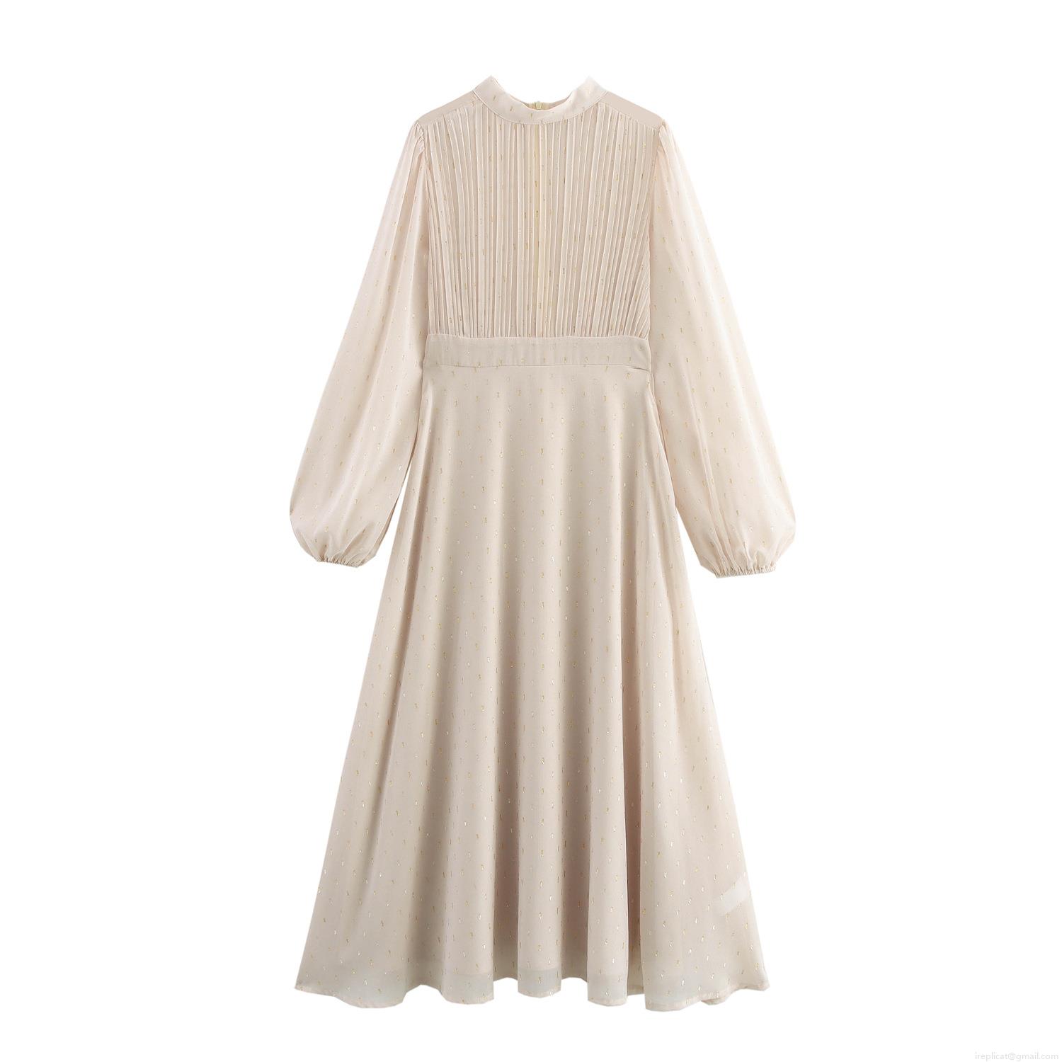 Elegant French Style Maxi Dress Chiffon Polyester With Gold Metallic Polka Dot Pleated Long Sleeve Lantern Sleeve High Waist Long Dress For Women Party Wedding Guest