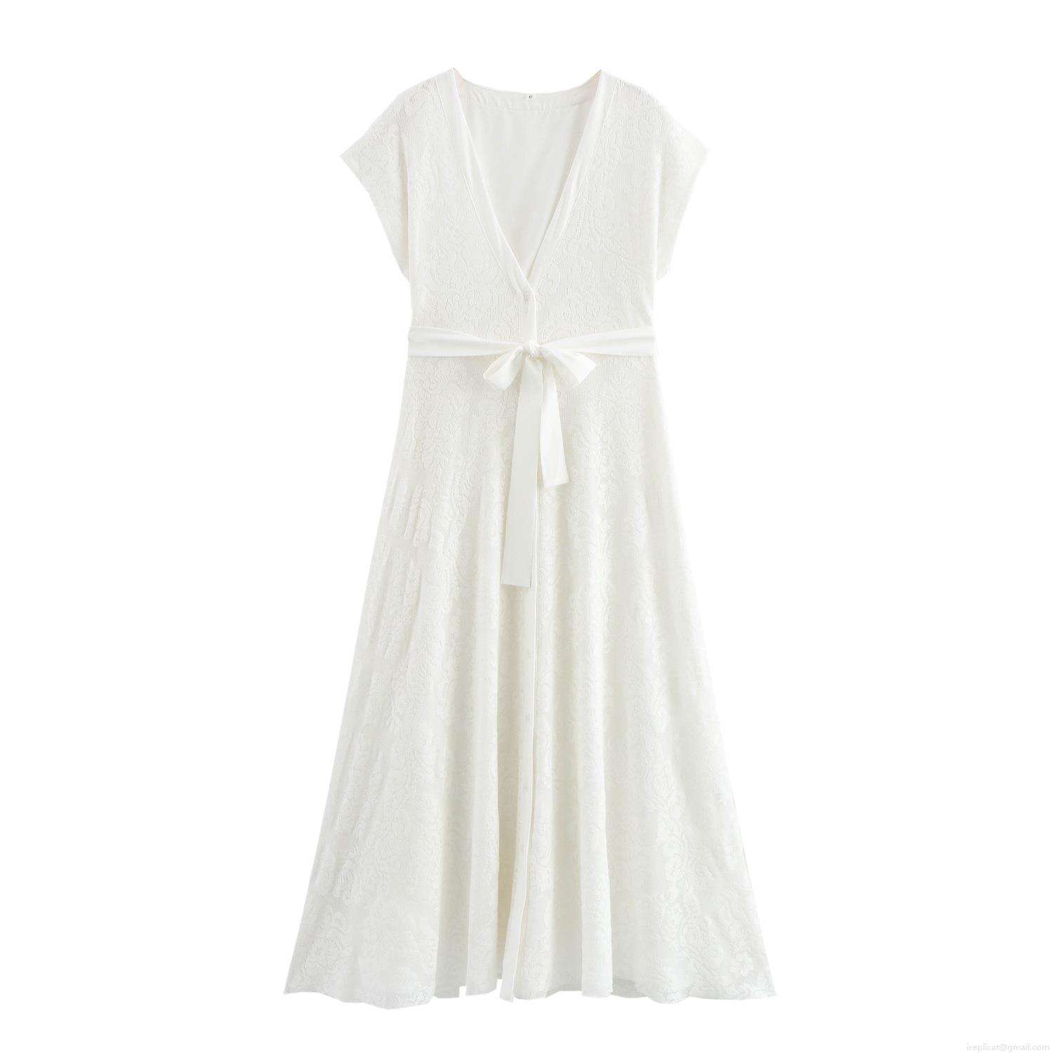 Elegant French V-Neck Short Sleeve Floral Lace-up Waist Maxi Dress For Women Wedding Party Evening Summer Dress White Jacquard Lace Long Gown