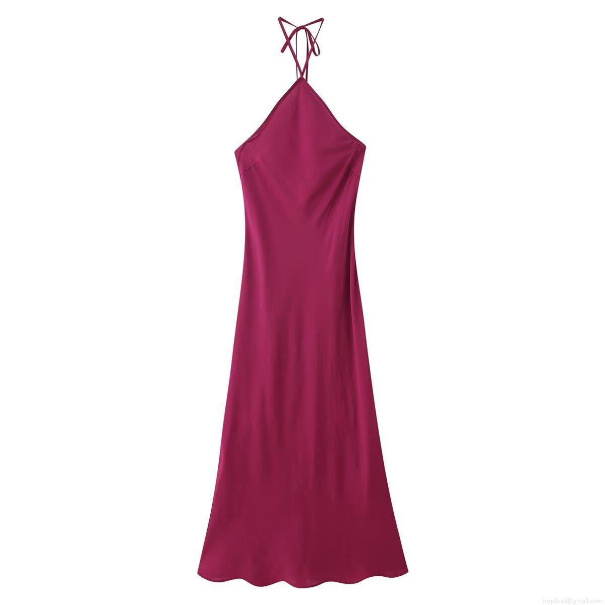 Women's Elegant Halter Maxi Dress Sexy Backless Lace-up Party Evening Gown Solid Color Fuchsia Sleeveless High Waist Long Dress For Women
