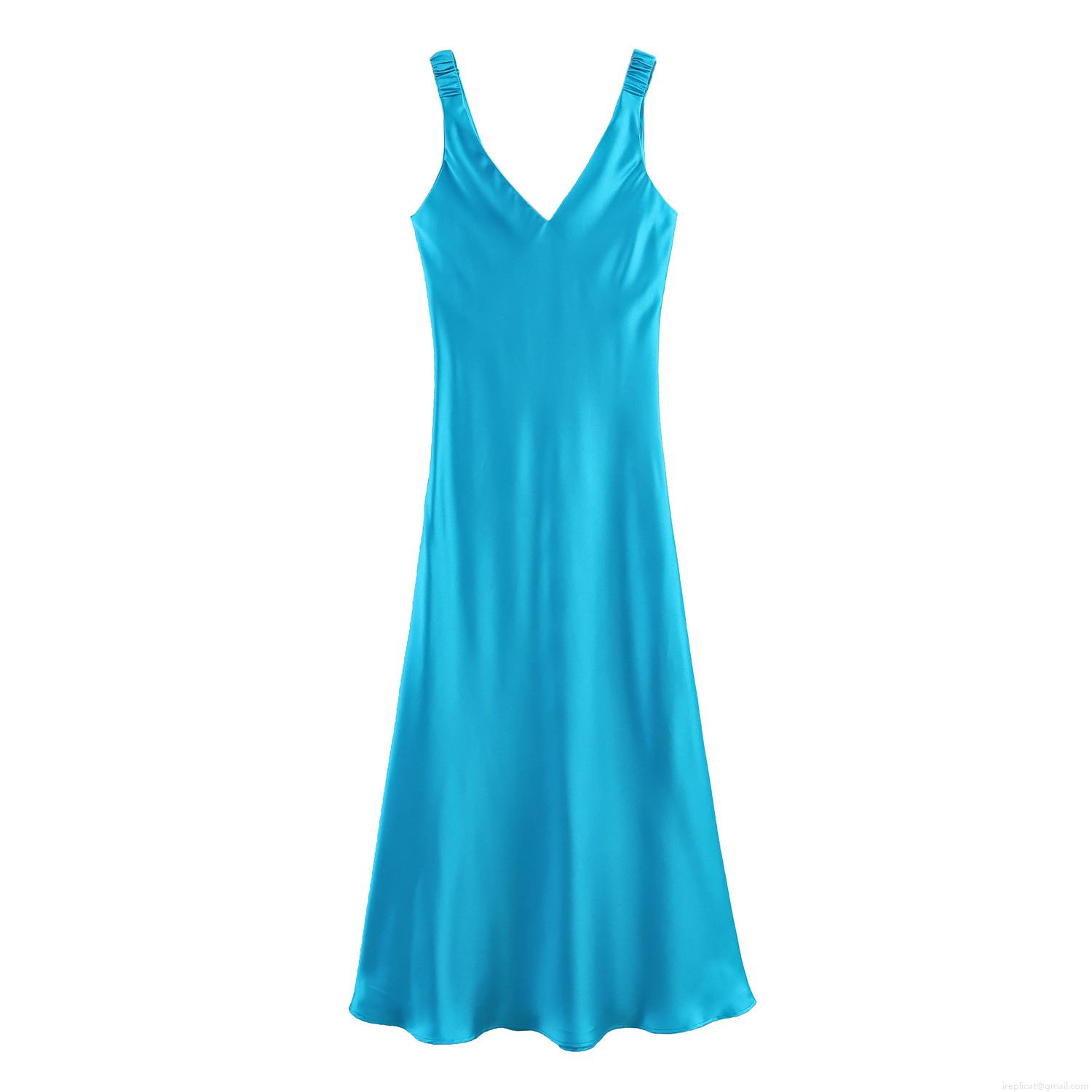 Elegant Sexy Backless Satin Maxi Dress For Women V-Neck Thick Pleated Straps Sleeveless Solid Color Long Party Dress Vacation Outfit