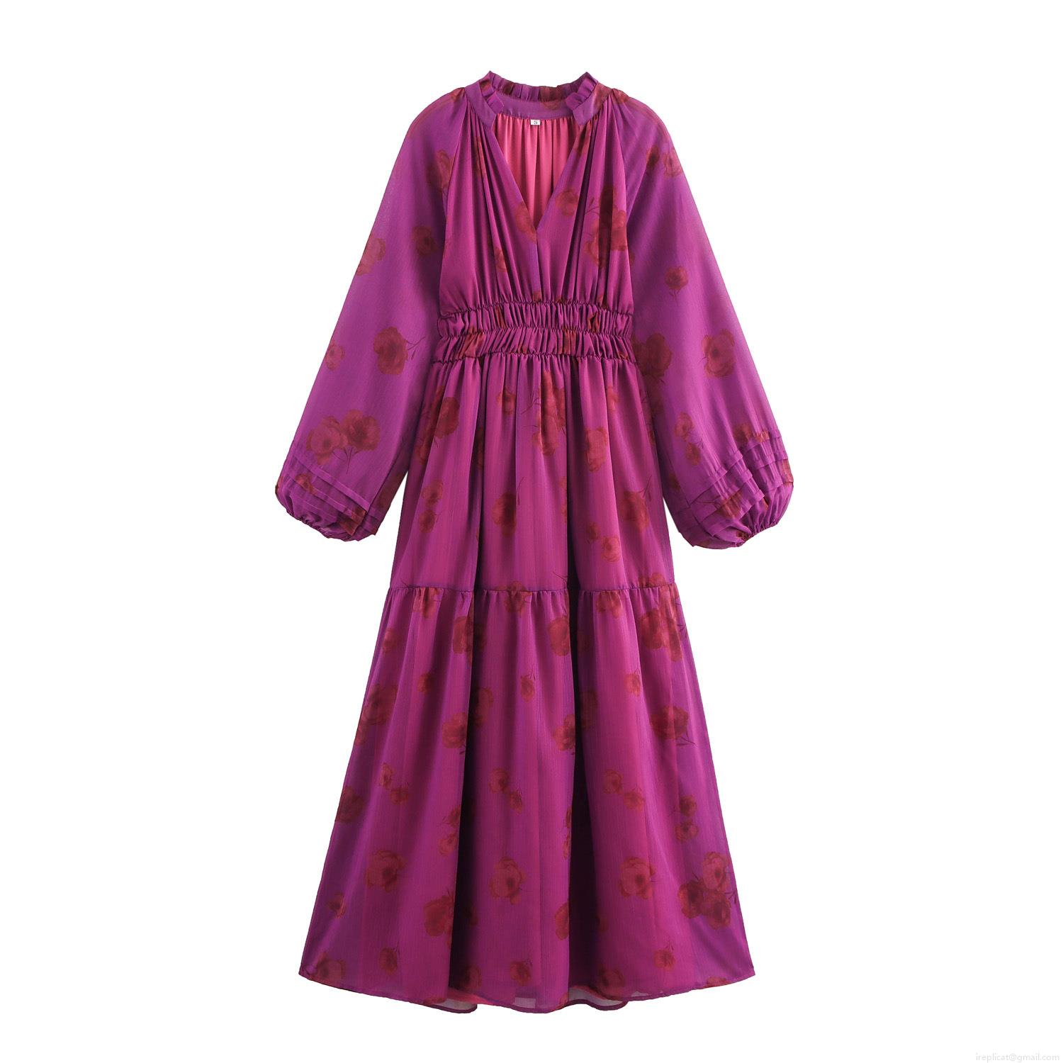 French Retro Floral Print Chiffon Maxi Dress For Women V Neck Ruffle Trim Long Sleeve Pleated Tiered Cake Skirt High Waist Elastic Waist Elegant Vacation Party Dress