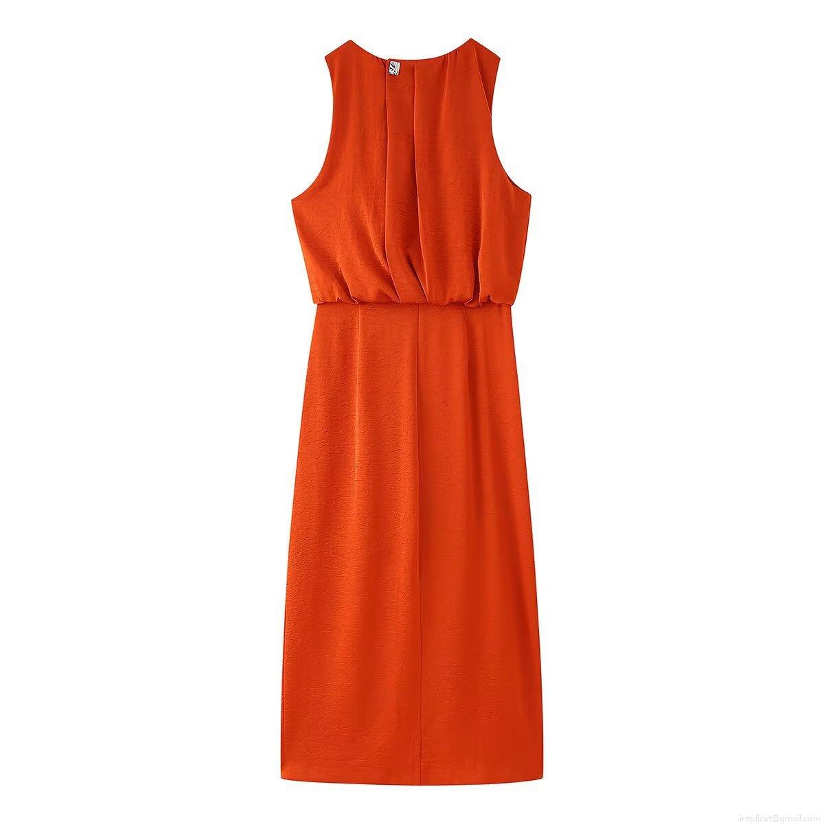 Women Sleeveless Satin Maxi Dress 100% Polyester Elegant Round Neck Side Slit Pleated Evening Party Dress Solid Color Long Tank Dress for Summer