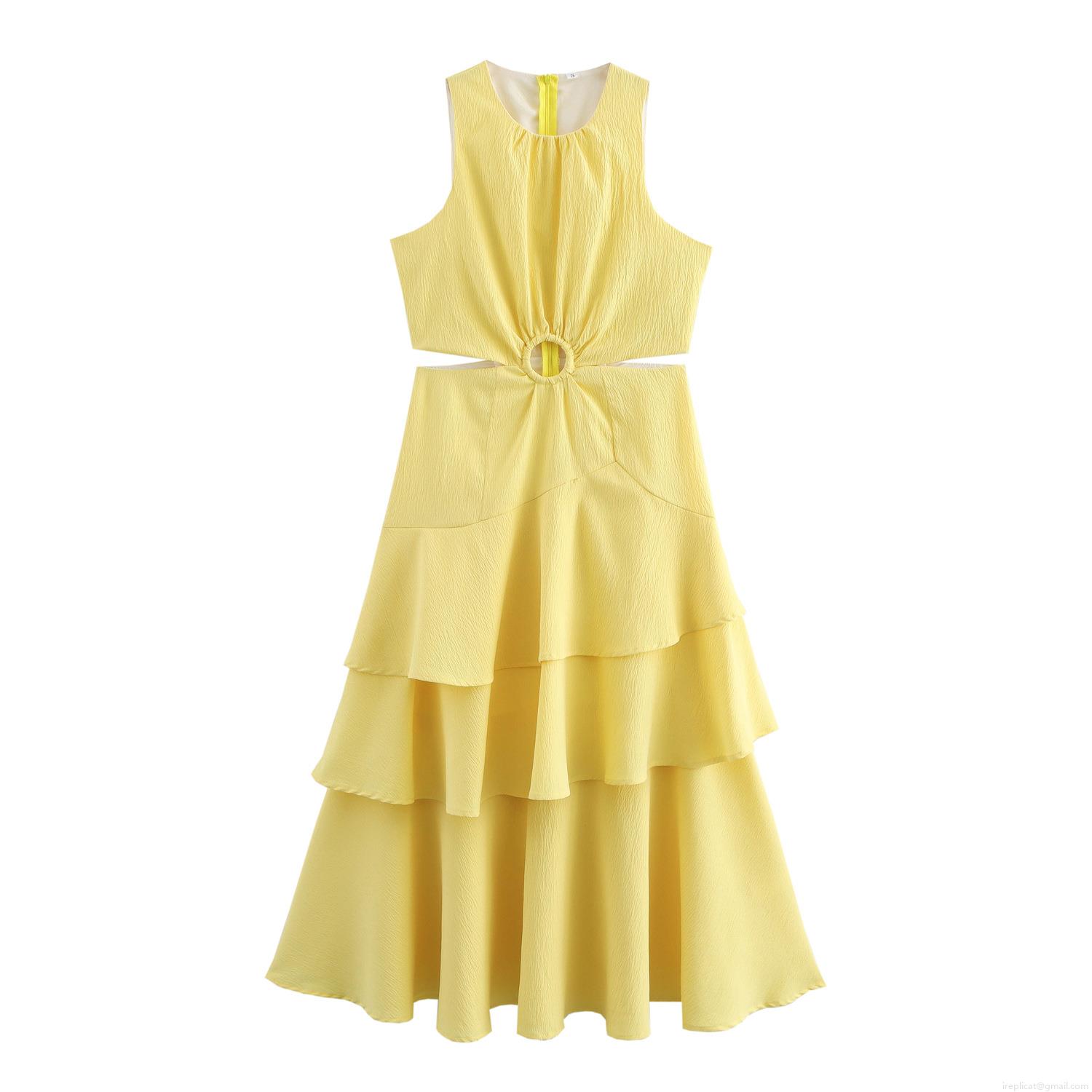 Women's Sleeveless Tiered Maxi Dress Solid Color Cut-out Waist Ruffle Hem Textured Polyester Dress Sweet Style Long Dress for Party Vacation Summer Wear