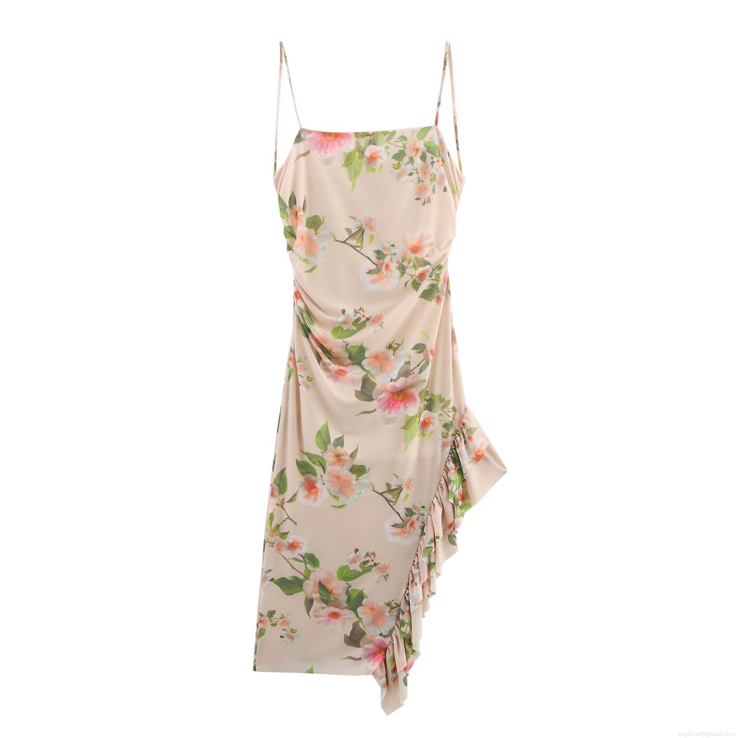 Women Elegant Floral Print Cami Maxi Dress Backless Ruched Detail Asymmetric Ruffle Hem Apricot Mesh Long Dress For Vacation Party