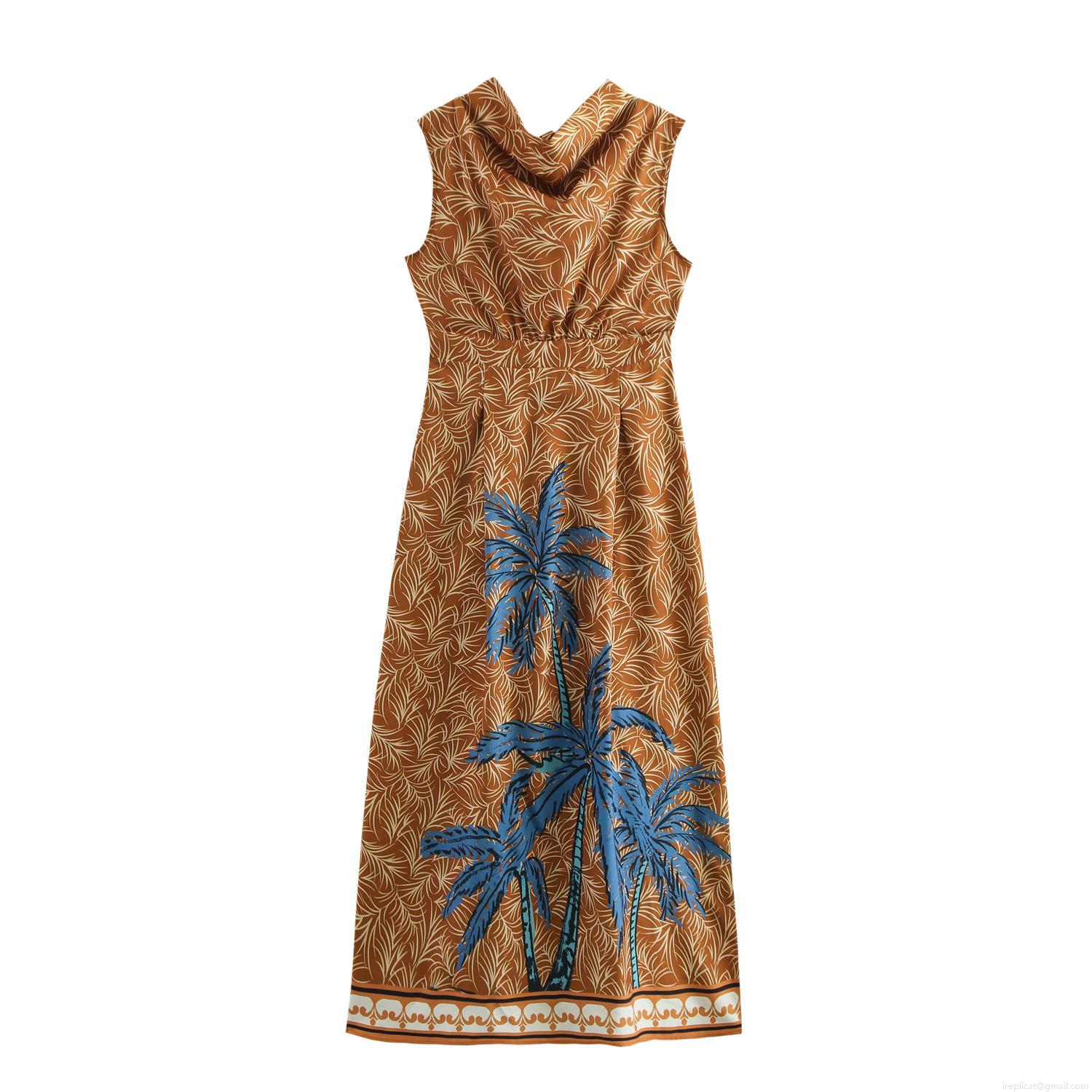 Women's Vacation Style Palm Tree Print Draped Neck Sleeveless Backless High Waist Maxi Dress Elegant Summer Beach Polyester Long Dress