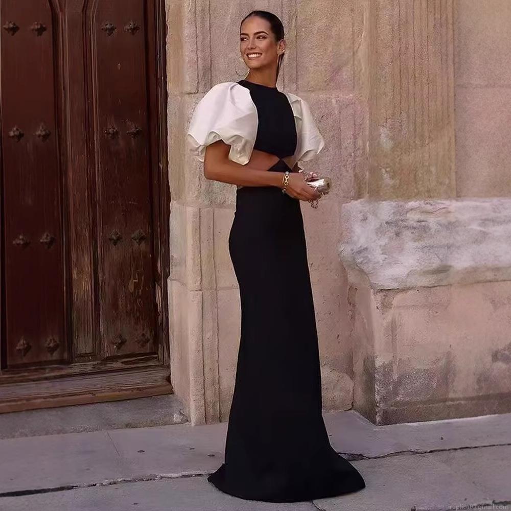 Elegant Black And White Color Block Maxi Dress With White Puff Sleeves Cut Out Waist Round Neck Slim Fit Floor Length Evening Gown For Women Celebrity Party