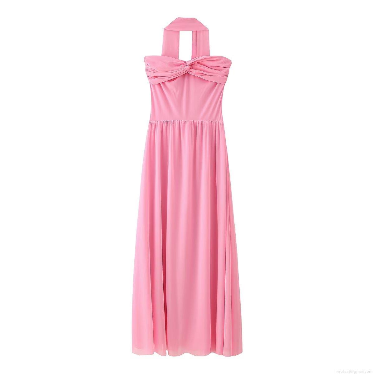 Women Sweet Elegant Pink Mesh Maxi Dress Halter Tube Top Twist Knot Pleated Large Swing Long Dress For Party Evening Wedding Summer