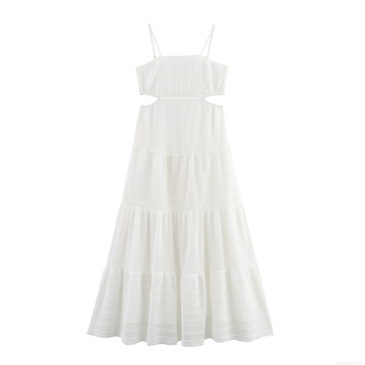 Women's Sexy White Mesh Maxi Dress Elegant Waist Cut-out Tiered Cake Skirt Square Neck Camisole Summer Vacation Beach Party Dress