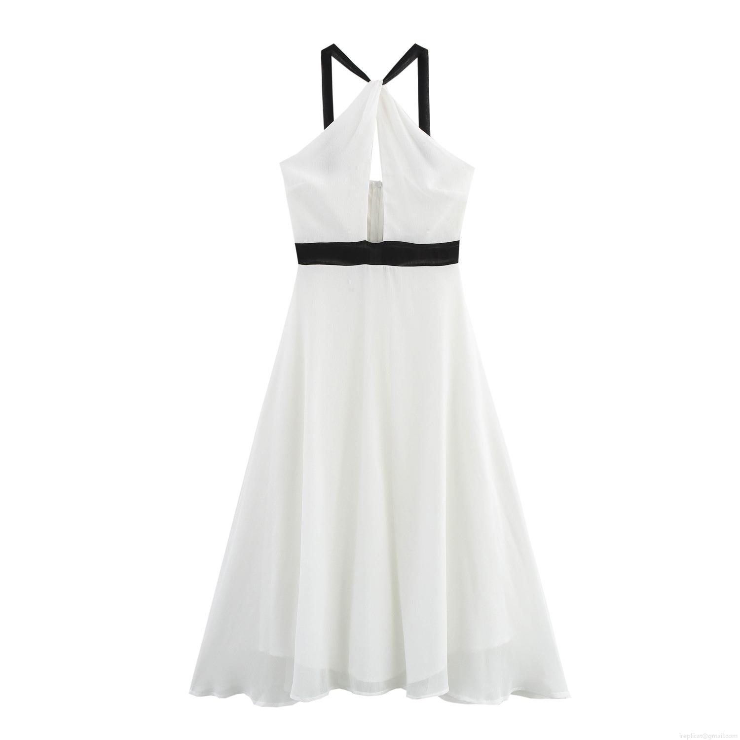 Elegant Halter Neck Backless Maxi Dress White Contrast Hollow Out High Waist A-Line Polyester Chiffon Long Dress For Women Party Evening Vacation