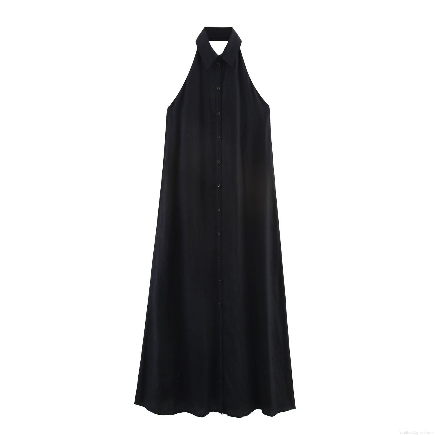 Elegant Womens Halter Neck Linen Maxi Dress Sexy Backless Button-Down A-Line Long Sundress For Summer Vacation Daily Casual Wear