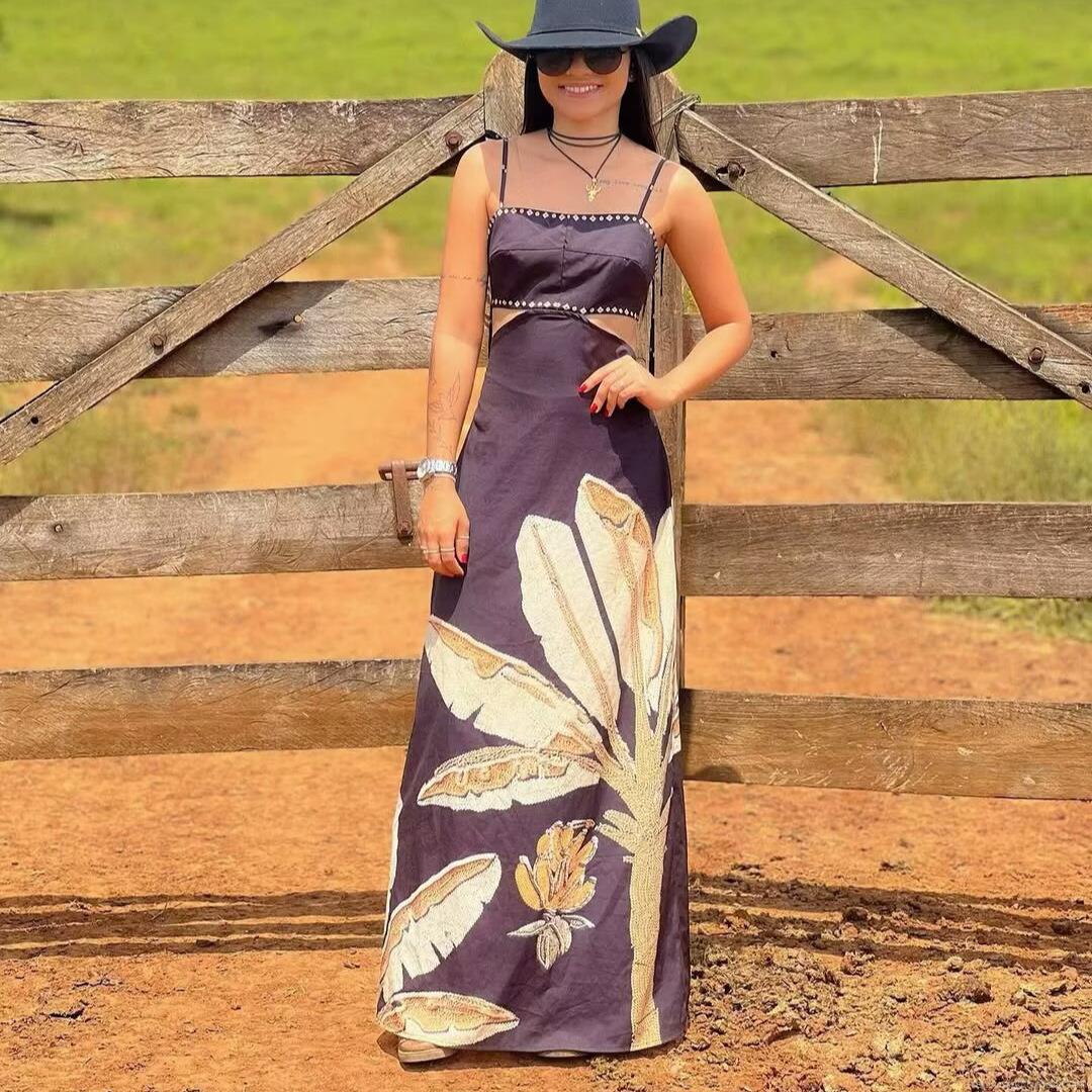Women's Summer Hawaiian Resort Style Tropical Palm Leaf Print Maxi Dress Sexy Hollow Out Backless Spaghetti Strap Polyester Long Dress for Beach Vacation