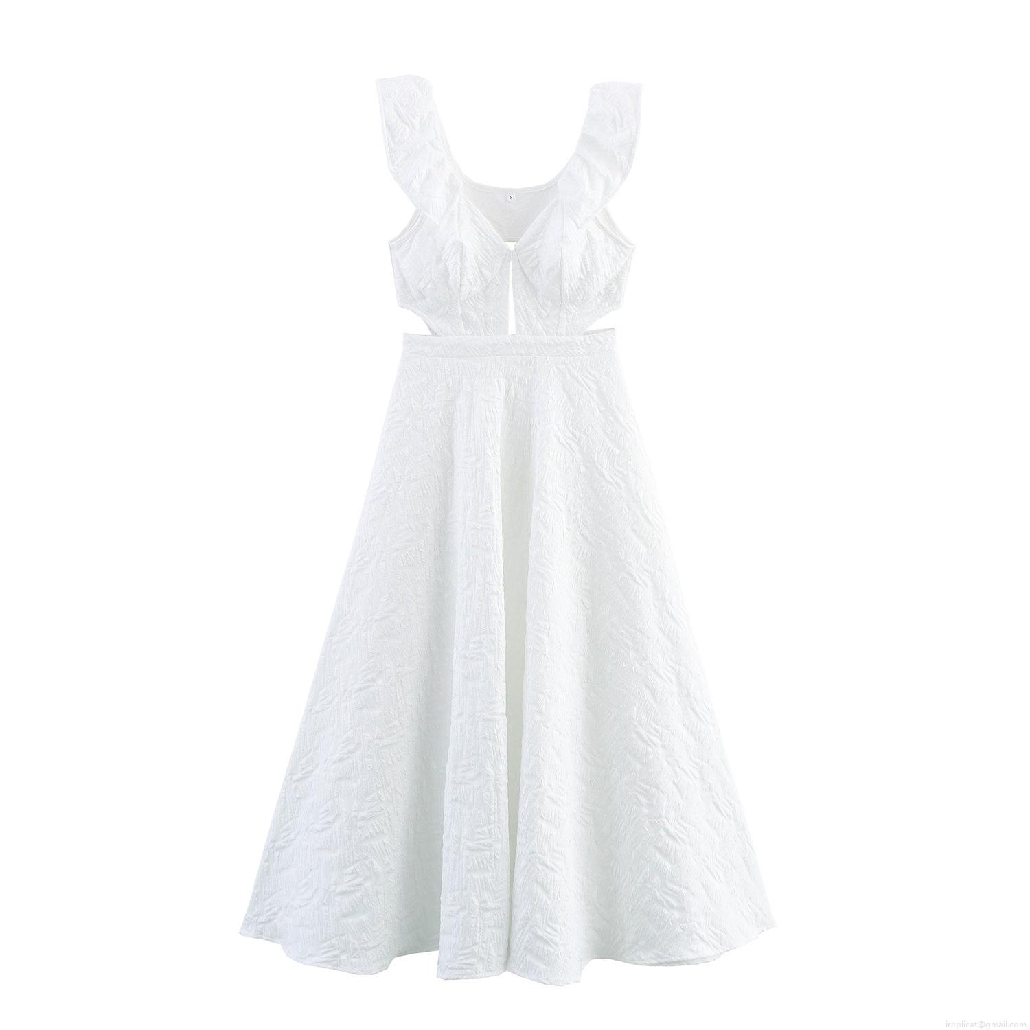 Sexy White Hollow Out Ruffle Maxi Dress Elegant Jacquard Sleeveless V Neck Large Swing Long Dress For Women Evening Party Summer Wedding