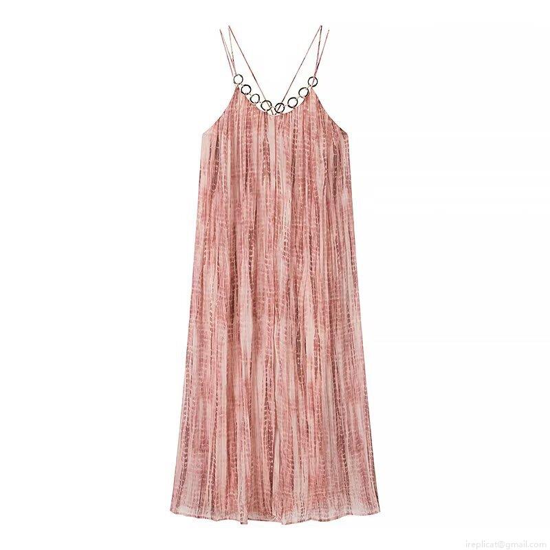 Women Sexy Tie-Dye Maxi Dress With Metal Ring Chain Detail Elegant Sleeveless V-Neck Pleated Polyester Long Dress For Party Vacation Summer