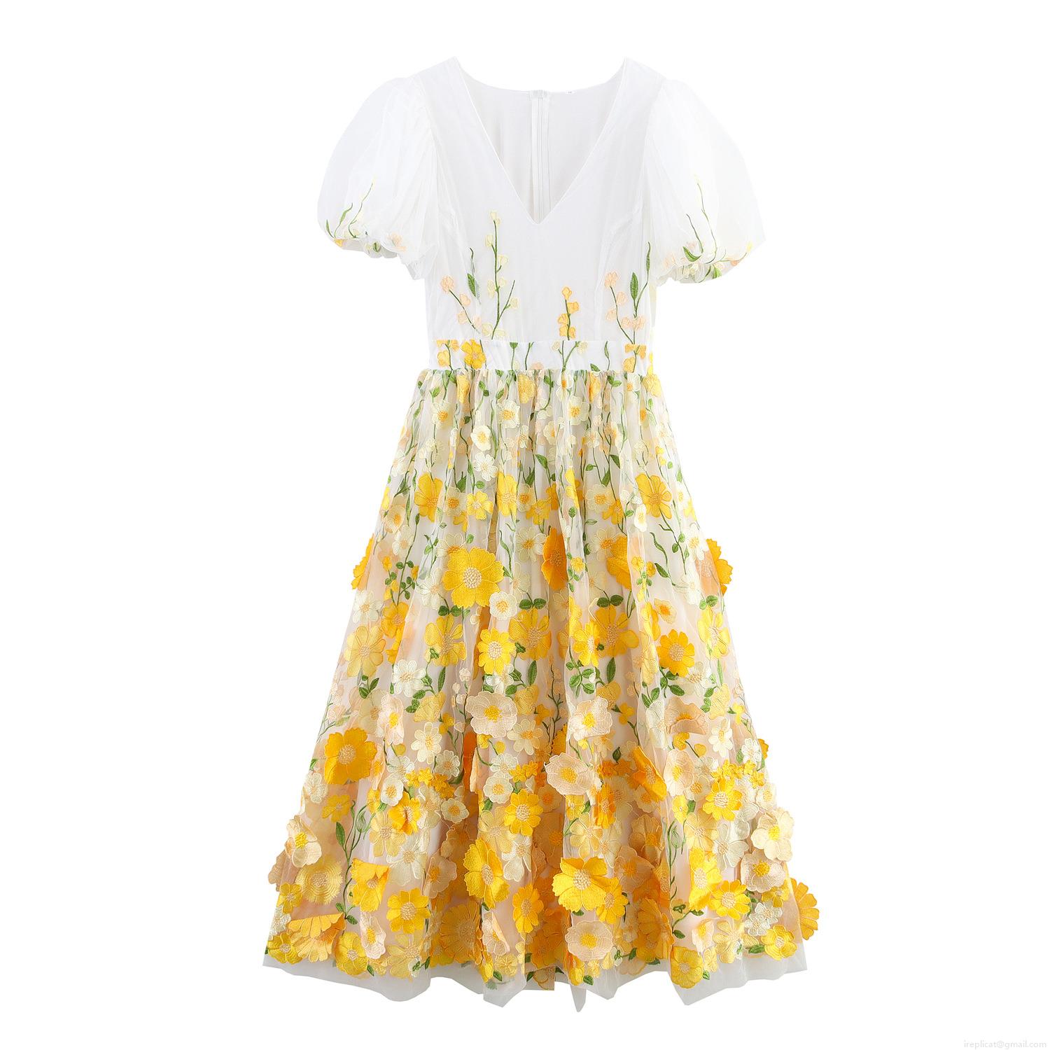 Elegant 3D Floral Embroidery Mesh Maxi Dress V-Neck Puff Short Sleeve High Waist A-Line Party Gown For Women