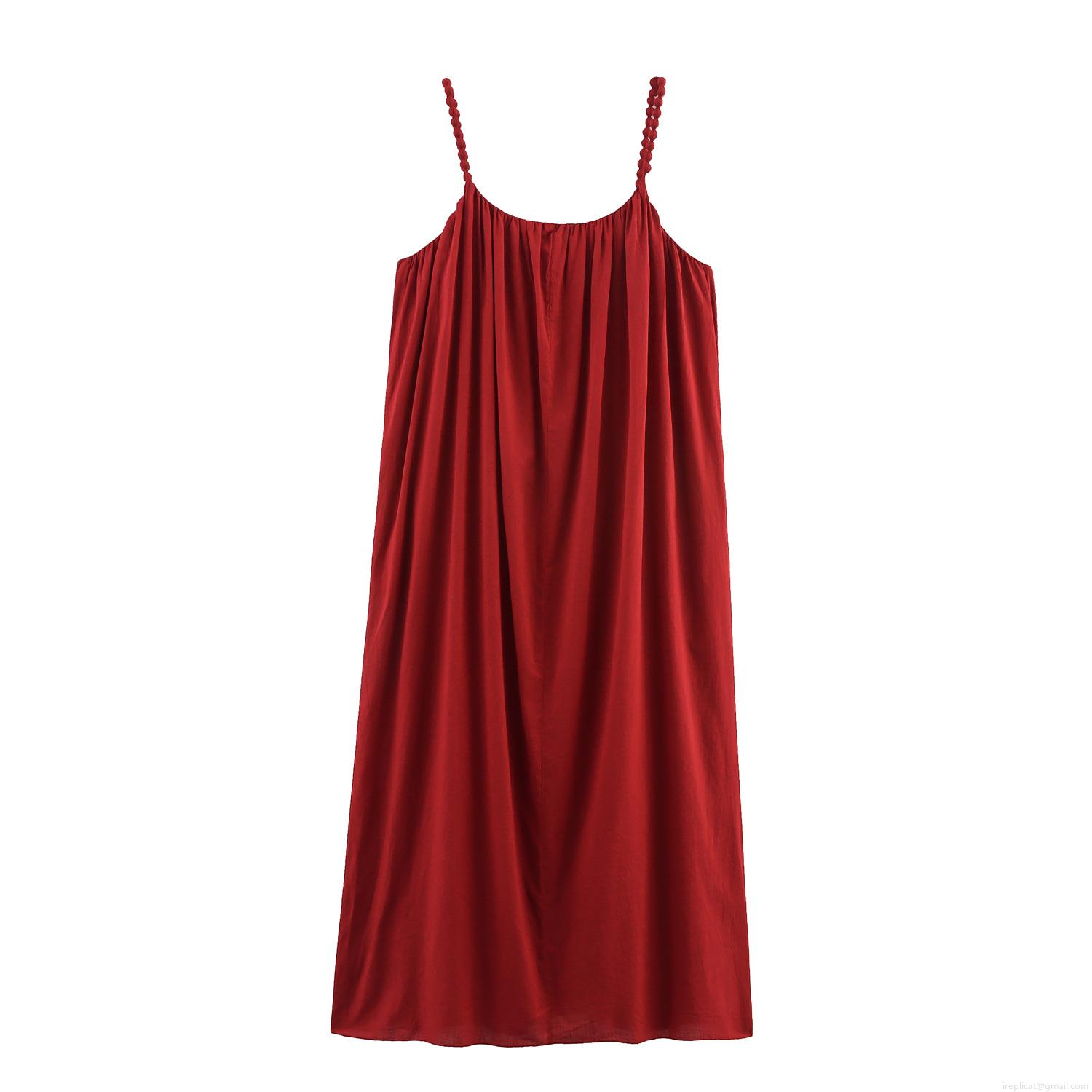 Women's Elegant Solid Color Cotton Linen Texture Maxi Dress With Beaded Straps High Waist Pleated Loose Fit Camisole Ruffle Long Dress For Summer Beach Vacation Holiday