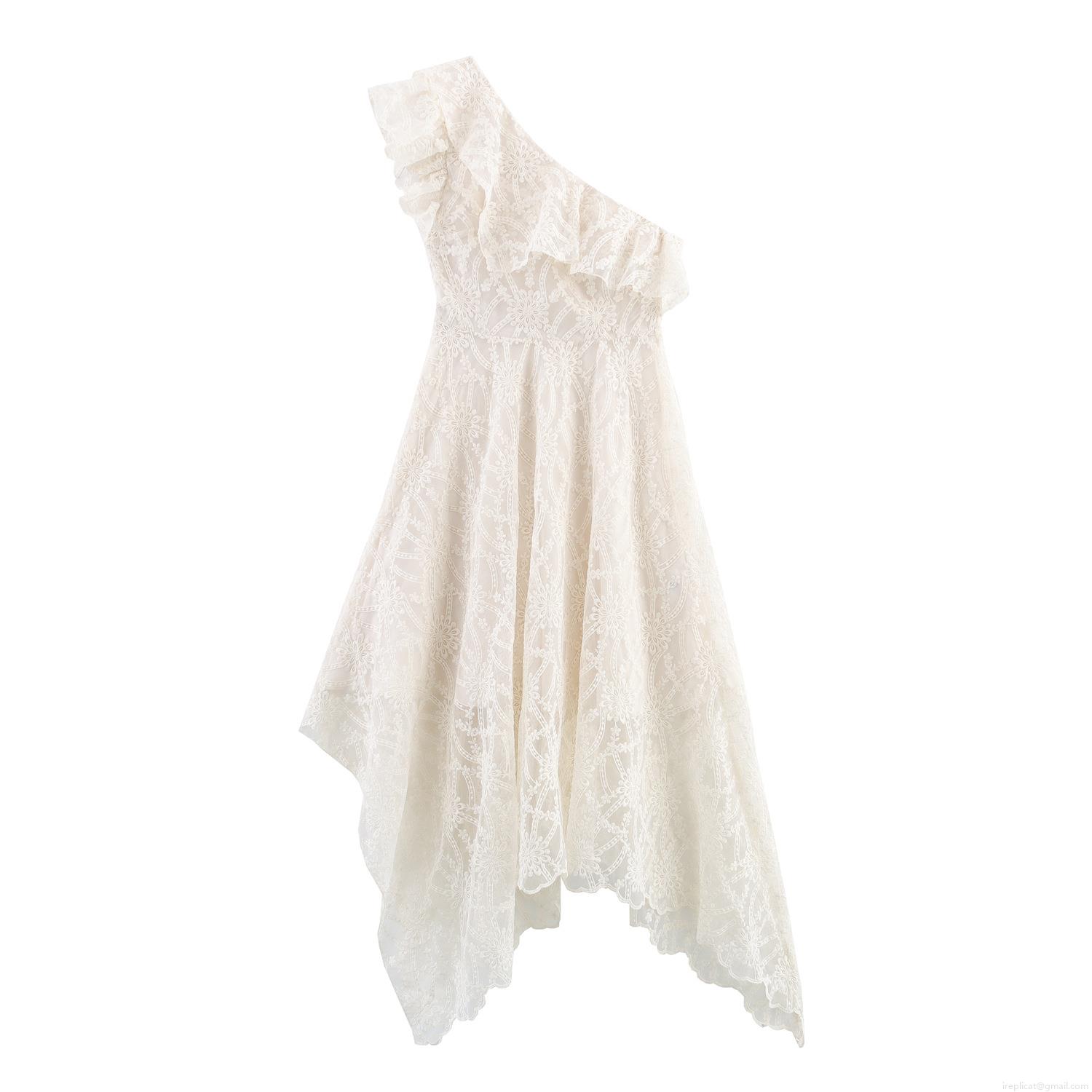 Elegant One Shoulder Lace Maxi Dress Ruffle Irregular Hem White Bohemian Sleeveless Long Dress For Women Wedding Party Evening Occasion Wear