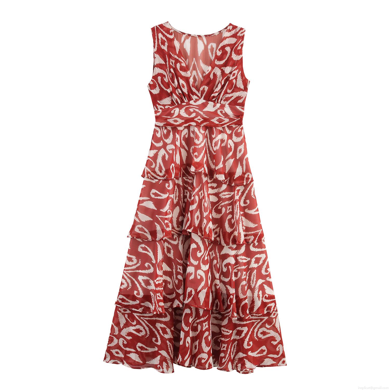Women's Vacation Geometric Print Chiffon Maxi Dress Sleeveless V Neck Ruffle Tiered Boho Long Dress For Summer Beach Party