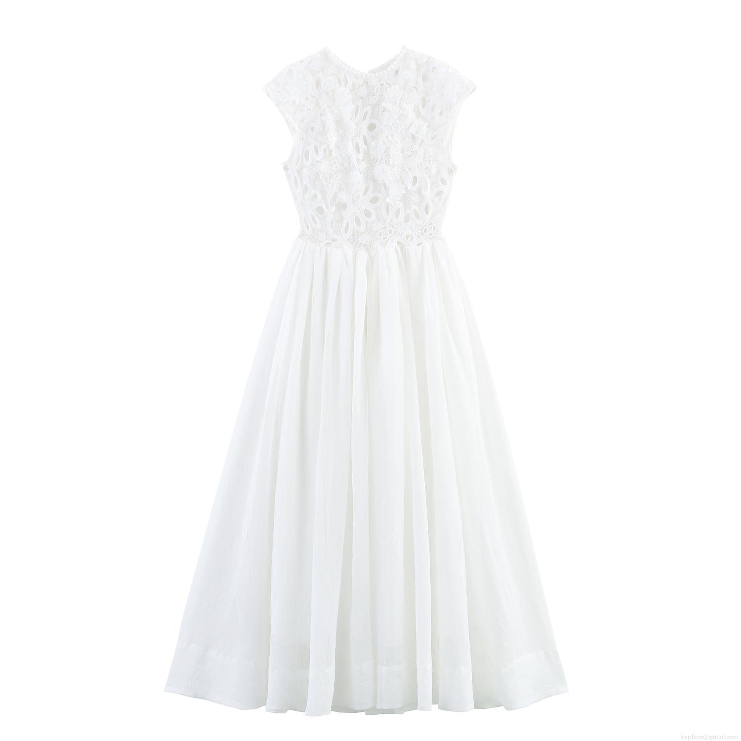 Elegant White Lace Patchwork Maxi Dress Women Round Neck Backless Sleeveless High Waist Hollow Out Chiffon Long Dress Bohemian Forest Style Party Wedding Evening Ball Gown