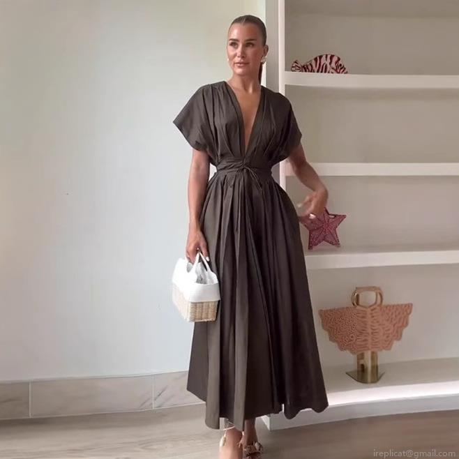 Elegant V Neck Maxi Dress Polyester Pleated Waist Tie Solid Color High Waist Long Dress For Women Commute Office Party Minimalist Chic Style