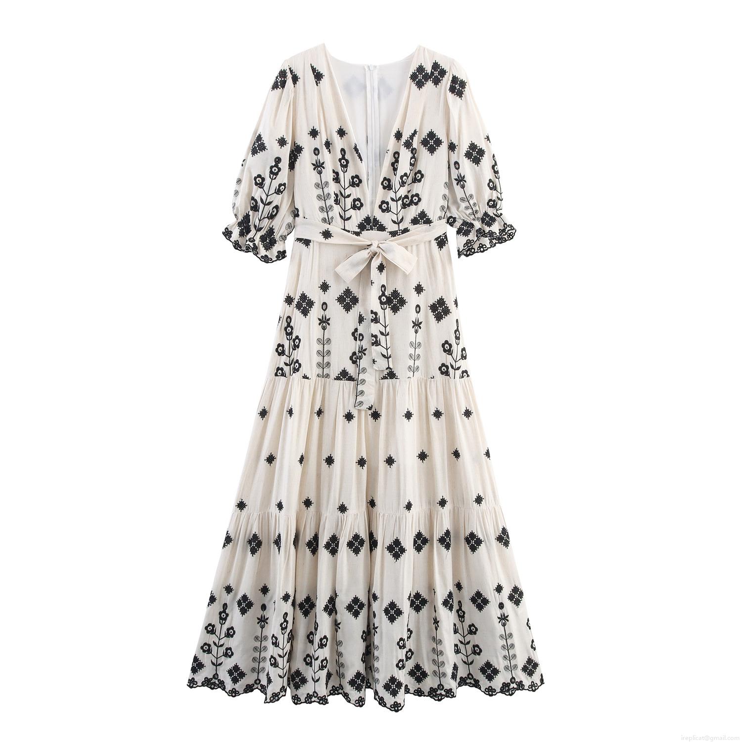 Women V-Neck Embroidered Maxi Dress Bohemian Ethnic Style Lantern Sleeve Tiered Long Dress With Waist Tie Casual Vacation Beach Gown