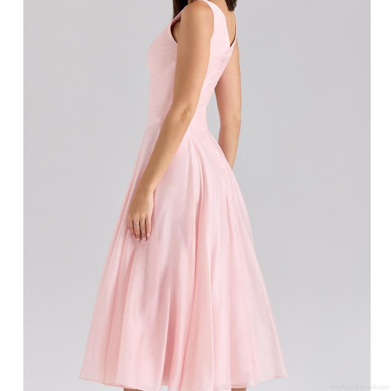 Women's Elegant Pink Sleeveless V-Neck Maxi Dress Polyester Solid Color Slim Fit Button Decor High Waist Summer Party Long Dresses