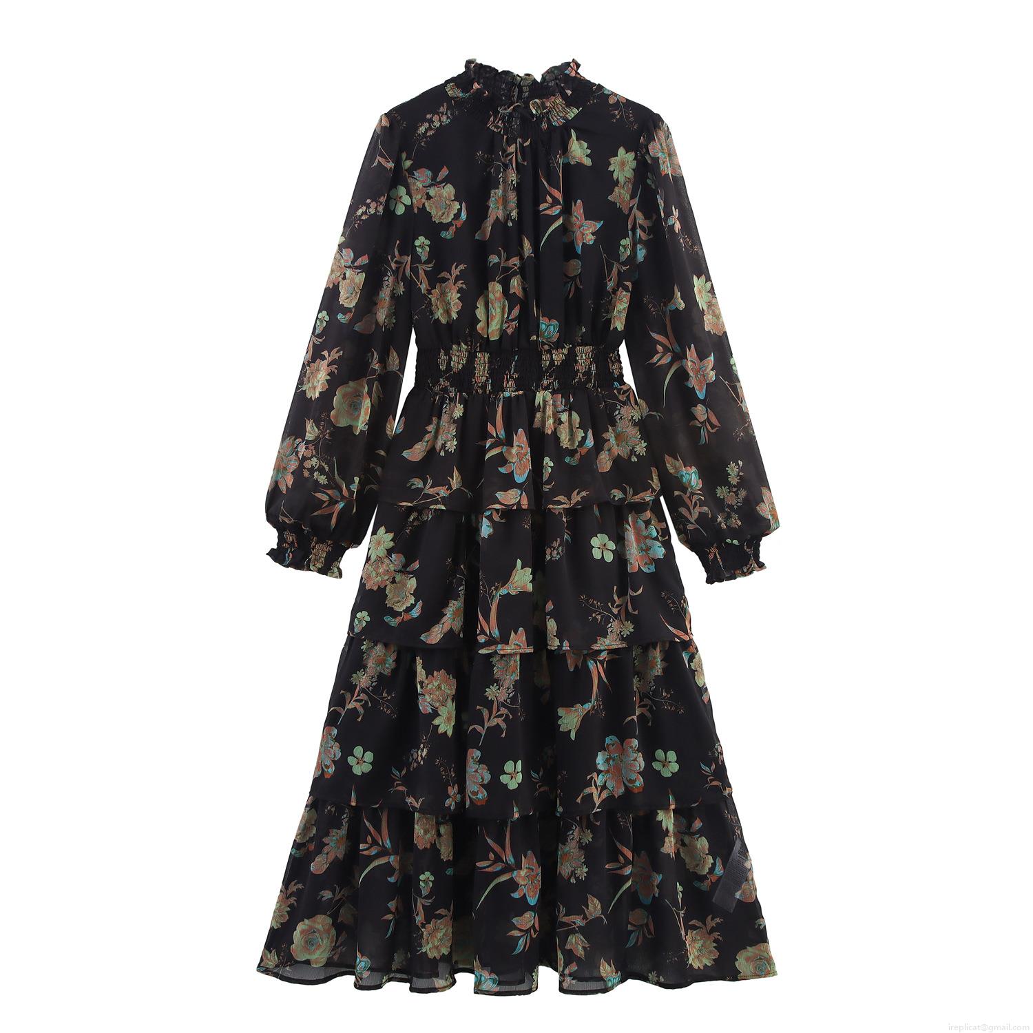 Women Retro Floral Chiffon Maxi Dress Smocked Waist Ruffle Stand Collar Elegant Long Sleeve Tiered Cake Dress For Party Daily Casual