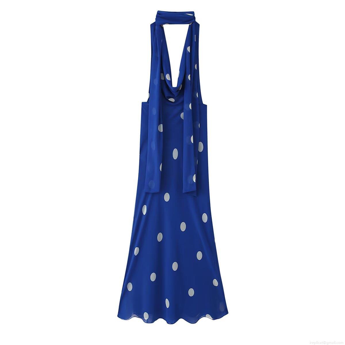 Women's Vintage Polka Dot Halter Maxi Dress Elegant Scarf Collar Polyester Backless Sleeveless Slim Fit Long Dress For Summer Beach Party Vacation