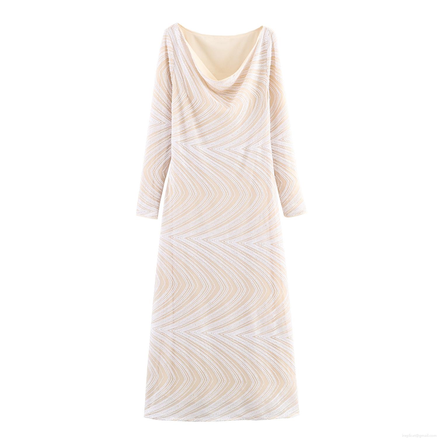 Women Sexy Cowl Neck Sequin Maxi Dress Elegant Slim Fit Long Sleeve Mesh Wave Embroidery Evening Gown For Banquet Party Wedding Guest